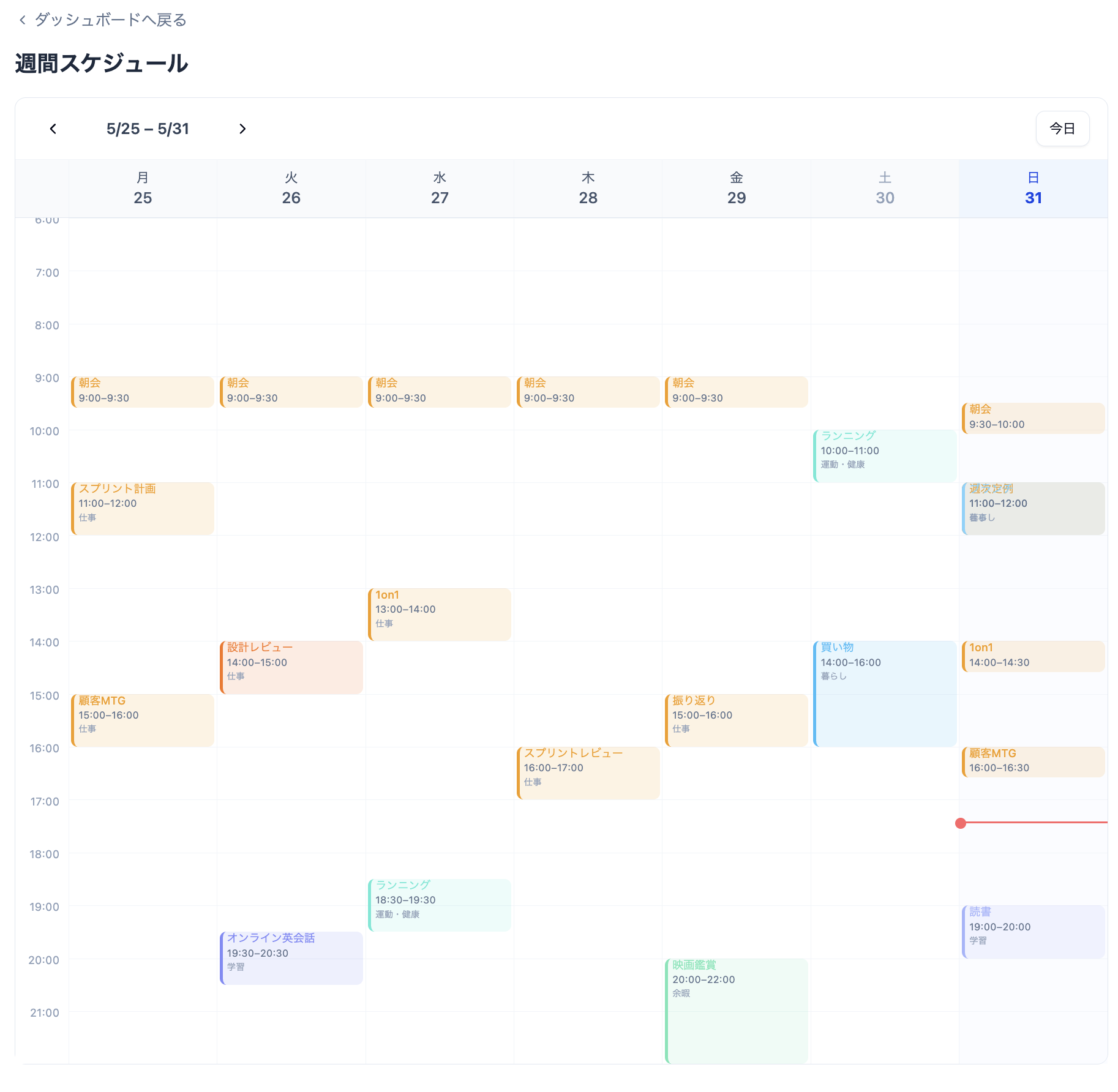 週間スケジュール画面